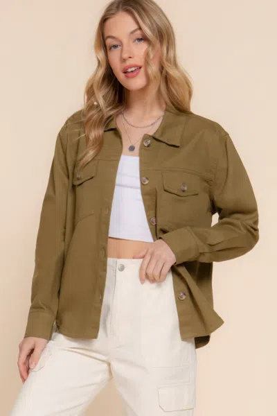 Truedames Button Down Cotton Denim Shacket In Green