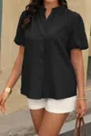 Truedames Button Down Lantern Puff Short Sleeve V Neck Top In Black