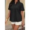 Truedames Button Down Lantern Puff Short Sleeve V Neck Top In Black