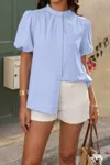 Truedames Button Down Lantern Puff Short Sleeve V Neck Top In Blue
