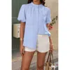 Truedames Button Down Lantern Puff Short Sleeve V Neck Top In Blue