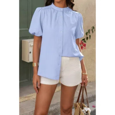 Truedames Button Down Lantern Puff Short Sleeve V Neck Top In Blue