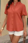 Truedames Button Down Lantern Puff Short Sleeve V Neck Top In Orange