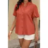 Truedames Button Down Lantern Puff Short Sleeve V Neck Top In Orange