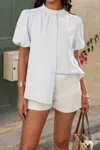 Truedames Button Down Lantern Puff Short Sleeve V Neck Top In White