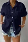 Truedames Button Down Lapel Pockets Loose Solid Shirt In Blue