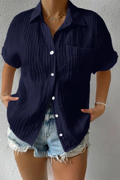 Truedames Button Down Lapel Pockets Loose Solid Shirt In Blue
