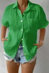 Truedames Button Down Lapel Pockets Loose Solid Shirt In Green