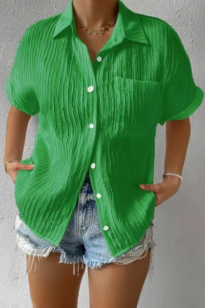 Truedames Button Down Lapel Pockets Loose Solid Shirt In Green