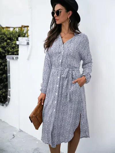 Truedames Button Down Printed Long Sleeve Shirt Dress In Gray