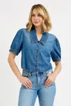Truedames Button Down Puff Sleeve Crop Denim Shirt In Blue