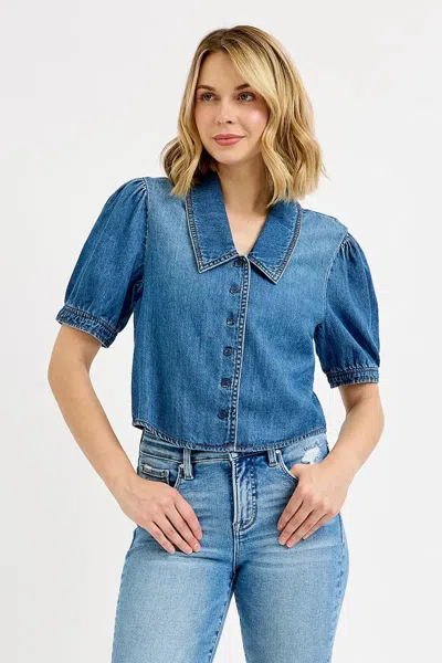 Truedames Button Down Puff Sleeve Crop Denim Shirt In Blue