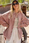 Truedames Button Down Raw Hem Distressed Shacket In Pink