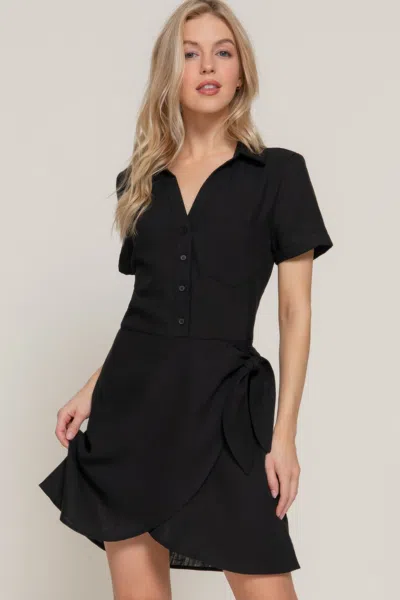 Truedames Button Down Side Bow Linen Effect Mini Dress In Black