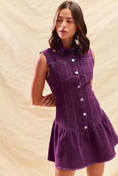 Truedames Button Down Sleeveless Collared Game Day Mini Dress In Purple