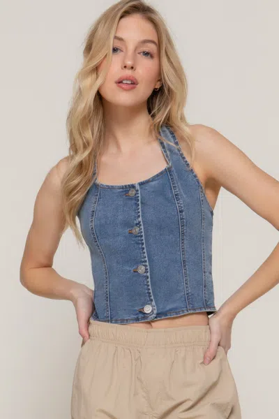 Truedames Button Down Stretch Denim Halter Top In Blue