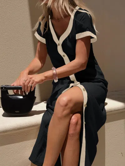 Truedames Button-front Contrast Trim Midi Dress In Black