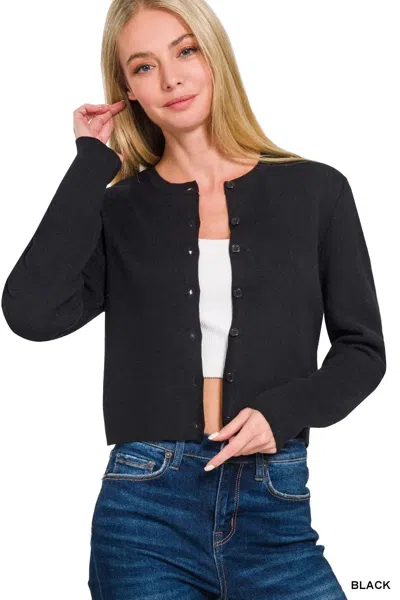 Truedames Button-front Crewneck Long Sleeve Cropped Cardigan In Black