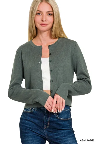 Truedames Button-front Crewneck Long Sleeve Cropped Cardigan In Green