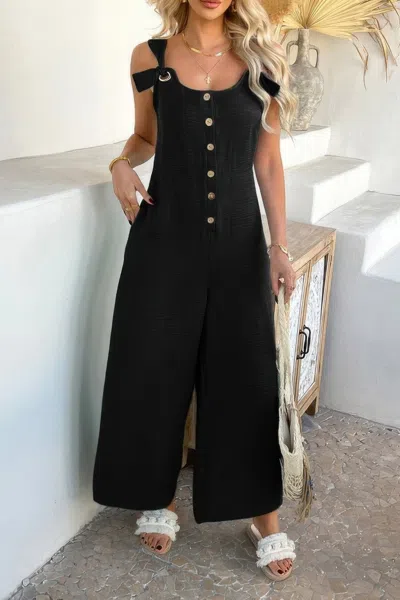Truedames Button Front Knotted Strap Wide Leg Jumpsuit In Black