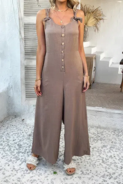 Truedames Button Front Knotted Strap Wide Leg Jumpsuit In Brown