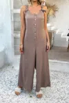 Truedames Button Front Knotted Strap Wide Leg Jumpsuit In Brown