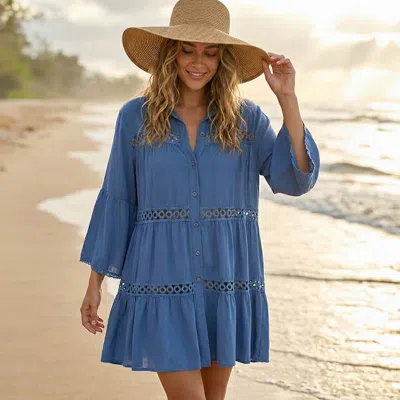 Truedames Button Front Lace Trim Beach Shirt Dress In Blue