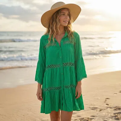 Truedames Button Front Lace Trim Beach Shirt Dress In Green