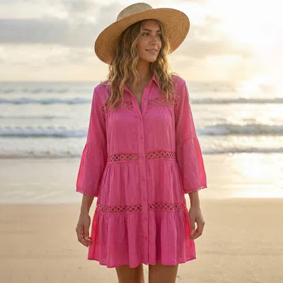 Truedames Button Front Lace Trim Beach Shirt Dress In Pink