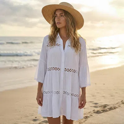 Truedames Button Front Lace Trim Beach Shirt Dress In White