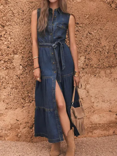 Truedames Button Front Sleeveless Denim Dress In Blue