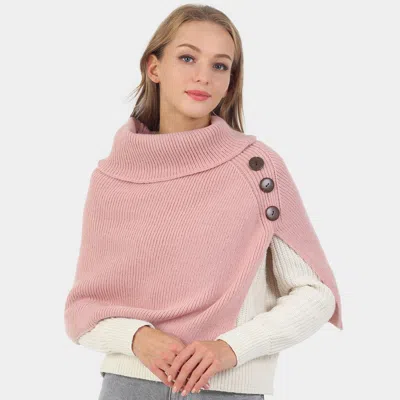Truedames Button Pointed Slit Turtleneck Knit Shawl Scarf In Pink