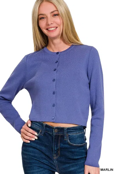Truedames Button-front Crewneck Long Sleeve Cropped Cardigan In Purple
