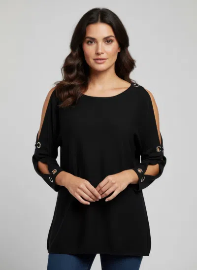 Truedames Cable & Gauge Pullover Sweater In Black