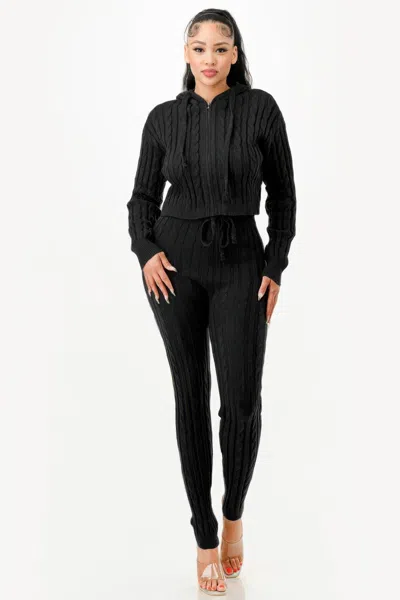 Truedames Cable Hoodie Sweater 2pcs Set In Black