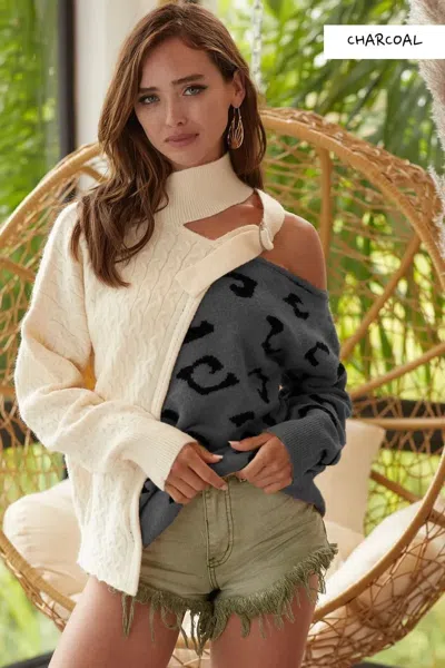 Truedames Cable-knit Color Block One Shoulder Asymmetrical Sweater In Multi