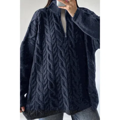 Truedames Cable Knit Half Zipper Solid Loose Sweater In Blue