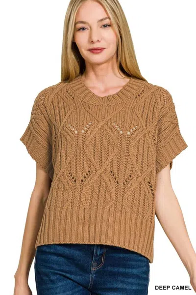 Truedames Cable Knit Short Sleeve Sweater In Brown