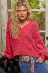 Truedames Cable-knit Solid V-neck Cropped Sweater In Red