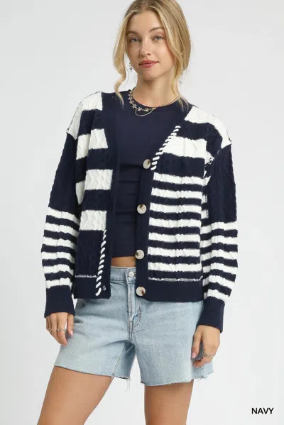 Truedames Cable-knit Stripe Button-up Cardigan In Blue