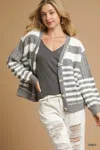 Truedames Cable-knit Stripe Button-up Cardigan In Gray