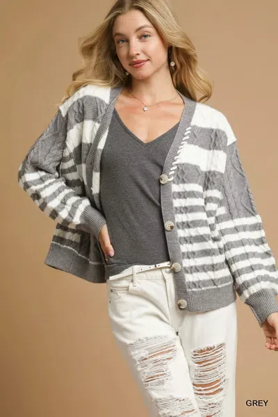 Truedames Cable-knit Stripe Button-up Cardigan In Gray