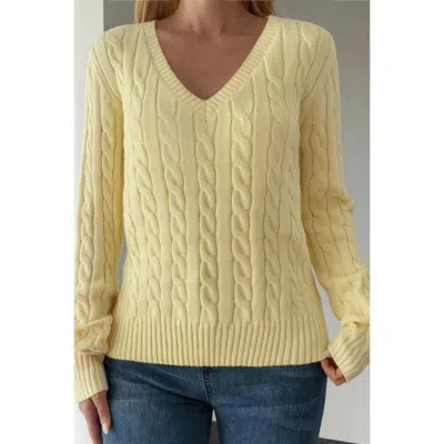 Truedames Cable Knit V Neck Long Sleeves Fit Sweater In Yellow