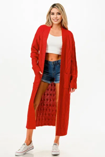Truedames Cable Sweater Long Cardigan In Red