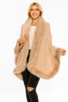 Truedames Camel Faux Fur Trim Open-front Cape Wrap In Brown