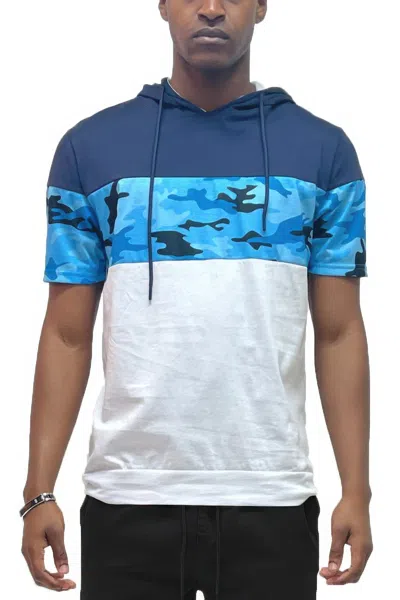 Truedames Camo And Solid Design Block Hooded Shirt In Blue