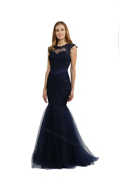 Truedames Cap Sleeve Lace Applique & Rhinestone Mermaid Dress In Blue