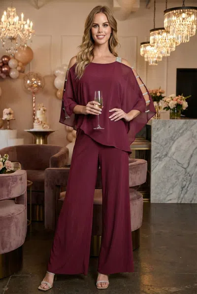 Truedames Cape Overlay Stretch Jersey Formal Jumpsuit In Burgundy