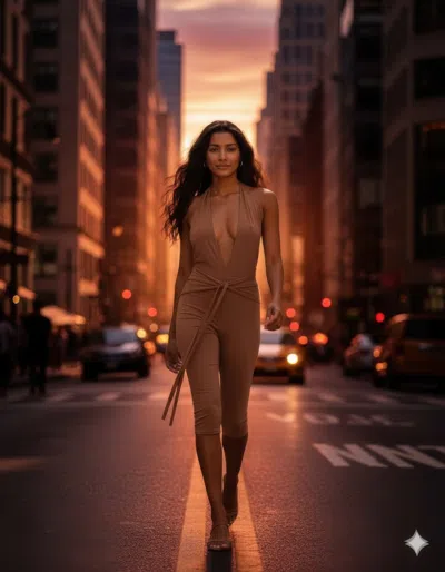 Truedames Capri Jumpsuit Openback Tie Neck In Brown