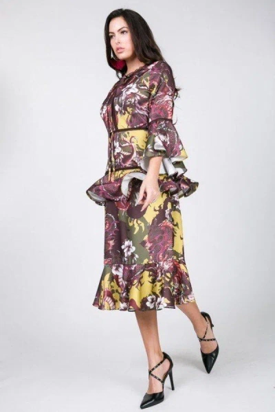 Truedames Cascade Ruffle Sleeve Frill Tiered Bottom Print Midi Dress In Multi